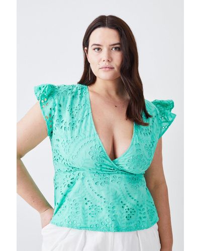 Karen Millen Plus Size Cotton Broderie Ruffle Sleeve Top - Green