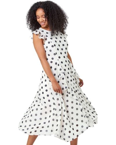 Roman Petite Polka Dot Ruffle Midi Dress - White