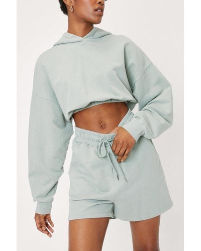 Nasty Gal Jersey Cropped Hoodie And Jogger Shorts Set - Grey