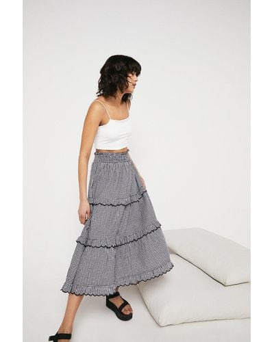 Warehouse Gingham Scallop Frill Tiered Midi Skirt - Grey