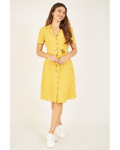 Yumi' Mustard Spotted Shirt Dress - Yellow