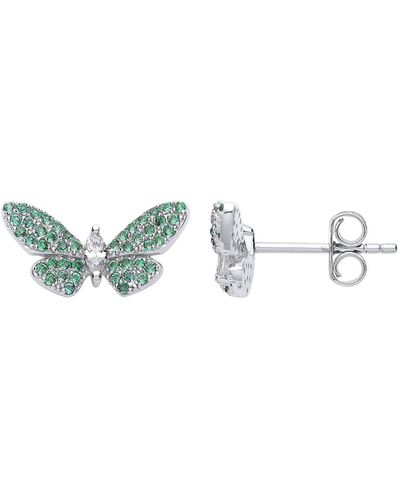Jewelco London Silver Green Marquise Cz Peacock Butterfly Stud Earrings - Metallic
