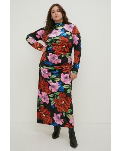 Oasis Curve Floral Velvet Funnel Neck Ruched Side Midi Dress - Red