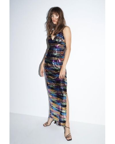 Nasty Gal Multi Colour Stripe Sequin Strappy Maxi Dress - Blue