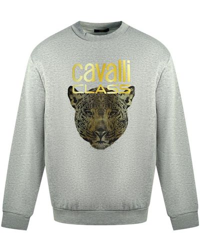 Roberto Cavalli Leopard Print Logo Grey Jumper