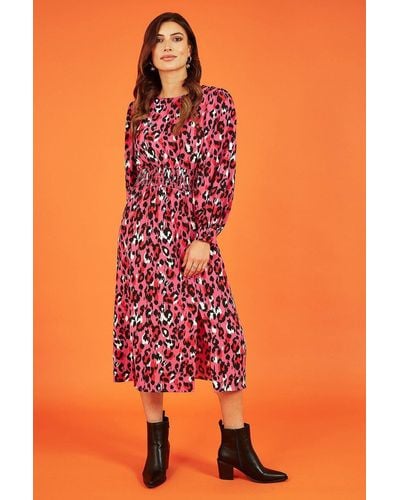 Mela Pink Animal Print Long Sleeve Ruched Midi Dress - Orange
