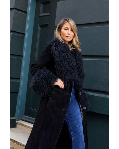 Oasis Rachel Stevens Real Suede Mongolian Fur Wrap Coat - Blue