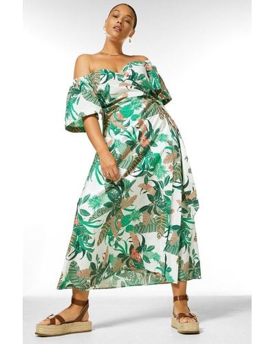 Karen Millen Plus Size Cotton Poplin Palm Wrap Bardot Wrap Dress - Green