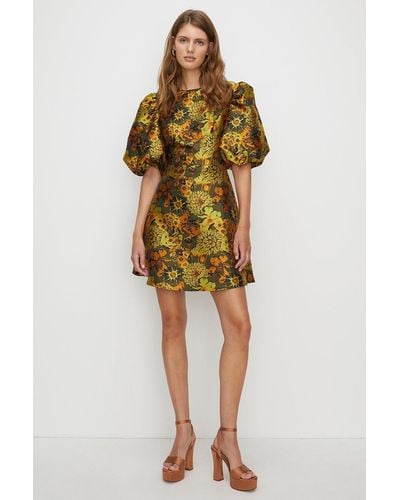 Oasis Floral Jacquard Puff Sleeve Skater Dress - Yellow