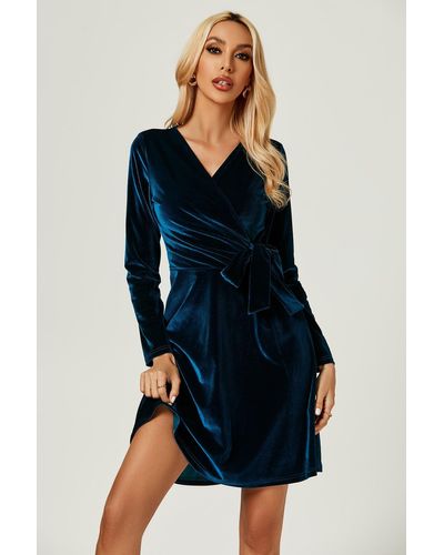 FS Collection Velvet Wrap Style Long Sleeve Mini Dress In Blue