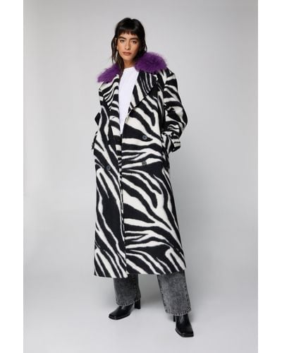 Nasty Gal Zebra Print Wool Blend Tailored Coat - White