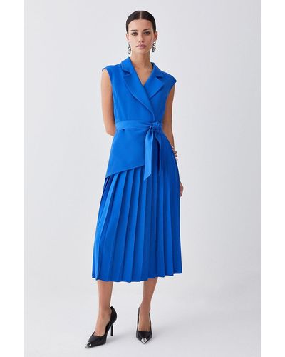 Karen Millen Petite Military Pleat Short Sleeve Midi Dress - Blue