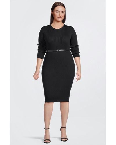 Karen Millen Plus Size Viscose Blend Rib Knit Belted Pencil Dress - Black
