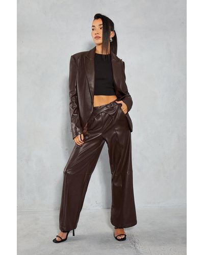 MissPap Leather Look Cross Front Waist Detail Trouser - Brown