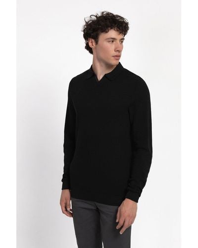 Larsson & Co Black Recycled Honeycomb Knit Long Sleeve Polo With Open Collar