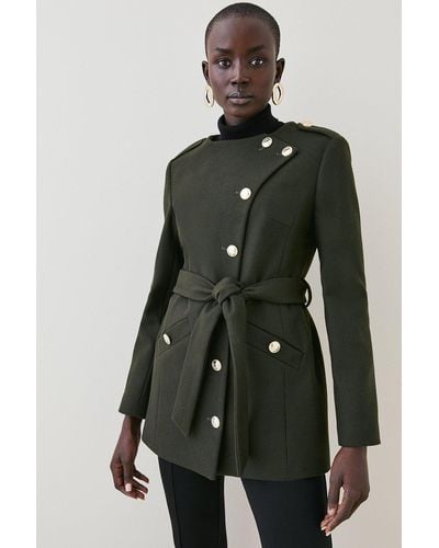 Karen Millen Italian Virgin Wool Military Button Up Coat - Green