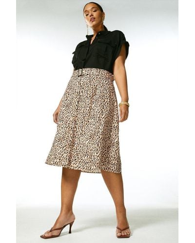 Karen Millen Plus Size Animal Linen Viscose Woven Midi Skirt - Natural