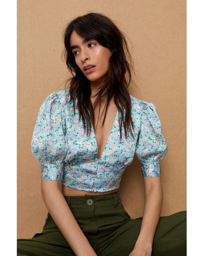 Nasty Gal Button Front Floral Print Cropped Blouse - Blue