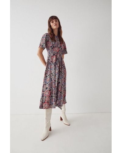 Warehouse Short Sleeve Belted Midi Dress - Multicolour