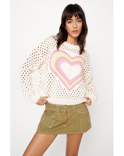 Nasty Gal Crochet Heart Oversized Jumper - Natural