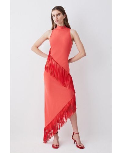 Karen Millen Fringe Hem Asymmetric Knit Midi Dress - Red