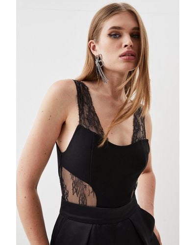 Karen Millen Ponte Lace Detailed Strappy Jersey Bodysuit - Black