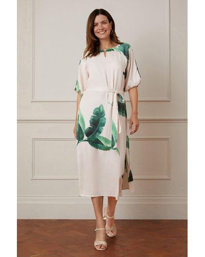 Wallis Palm Print Satin Balloon Sleeve Midi Dress - Natural