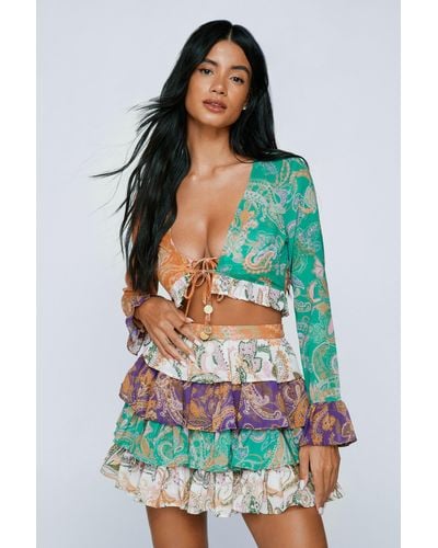 Nasty Gal Paisley Spliced Ruffle Coin Trim Cover Up Top - Orange
