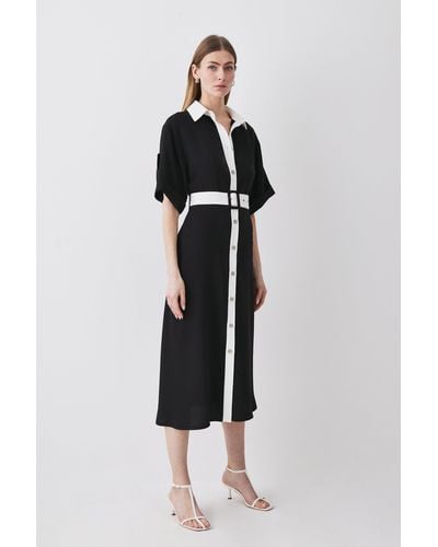 Karen Millen Soft Tailored Contrast Collar Belted Midi Shirt Dress - Black