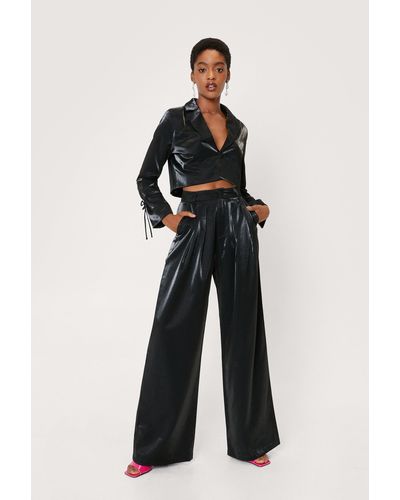 Nasty Gal Glass Fabric Pleated Wide Leg Suit Trouser - Black