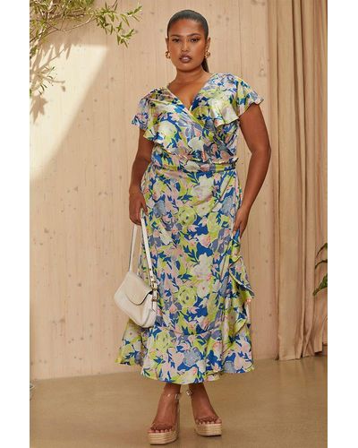 Chi Chi London Plus Size V Neck Floral Wrap Midi Dress - Blue