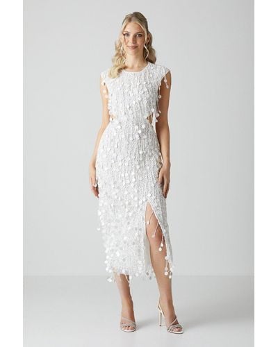Coast Embellished Open Back Fringe Midi Dress - White