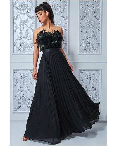 Goddiva Feather Off The Shoulder Pleated Evening Maxi Dress - Blue