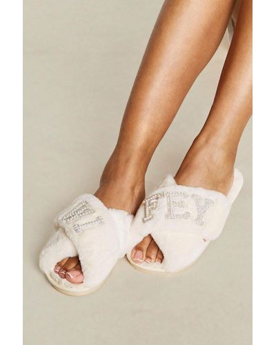 Boohoo Wifey Embellished Slippers - Natural