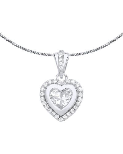 Jewelco London Silver Cz Halo Love Heart Charm Necklace 18 Inch - White
