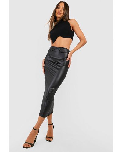 Boohoo Shiny Folded Waist Midi Skirt - Black