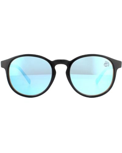 Timberland Round Shiny Black Blue Polarized Sunglasses - Brown