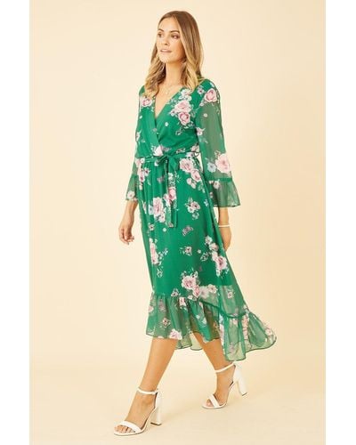 Yumi' Green Floral Wrap Dress With Dipped Hem