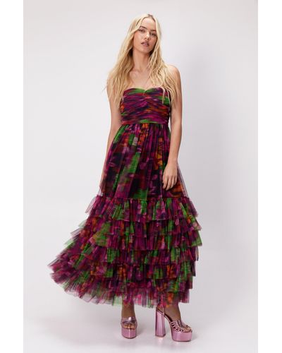 Nasty Gal Floral Print Tulle Bandeau Maxi Dress - Red