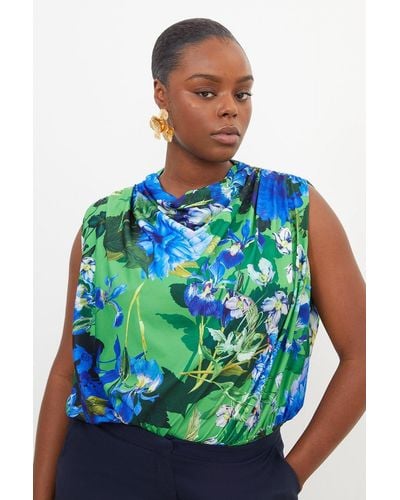 Karen Millen Plus Size Floral Jungle Jersey Crepe Bodysuit - Blue