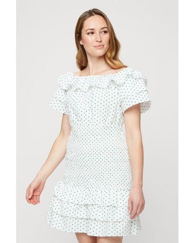 Dorothy Perkins Green Spot Ruffle Mini Dress - White