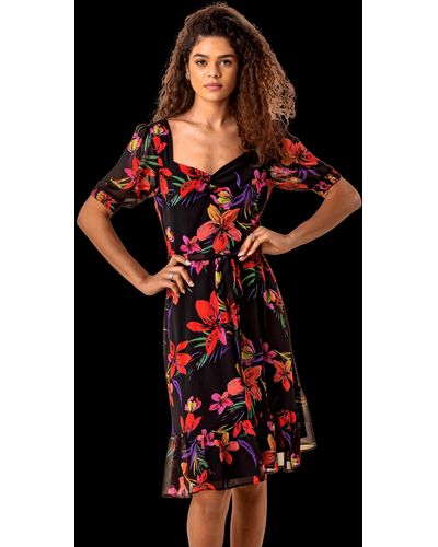 Roman Tropical Floral Print Tea Dress - Black