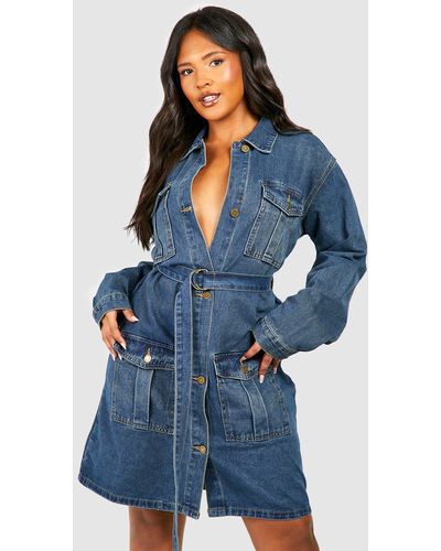 Boohoo Plus Utility Pocket Belted Denim Mini Shirt Dress - Blue