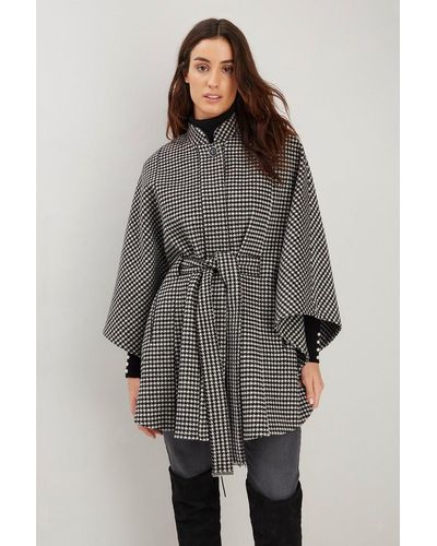 Wallis Mini Dogtooth Check Belted Cape - Grey