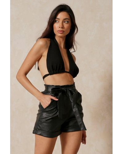 MissPap Leather Look Paper Bag Shorts - Black