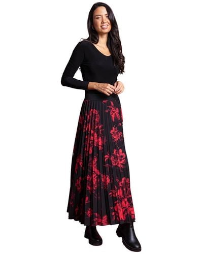 Roman Floral Print Pleated Maxi Skirt - Red
