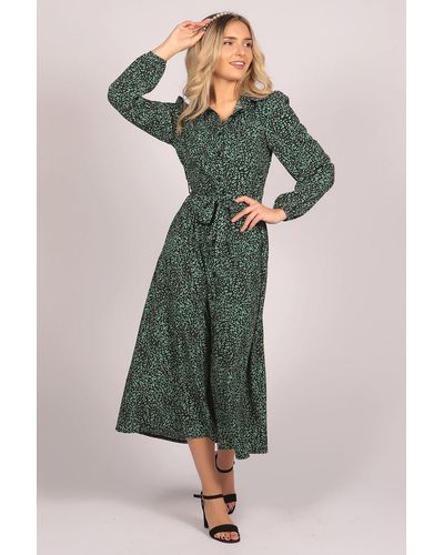 Tenki Full Sleeve Leopard Print Shirt Maxi Dress - Green