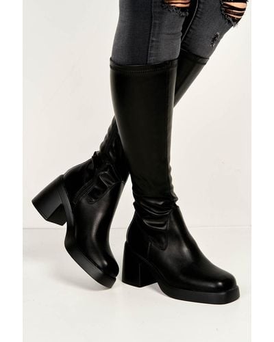 Miss Diva Logan Knee High Block Heel Square Toe Boots - Black