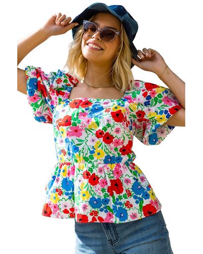 D.u.s.k Floral Puff Sleeve Cotton Top - Red