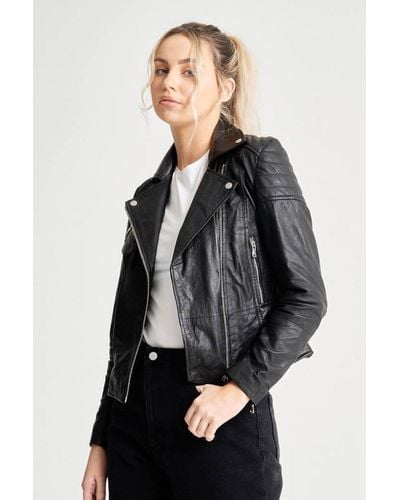 Barneys Originals Tall Grain Detailed Clara Leather Biker Jacket - Black